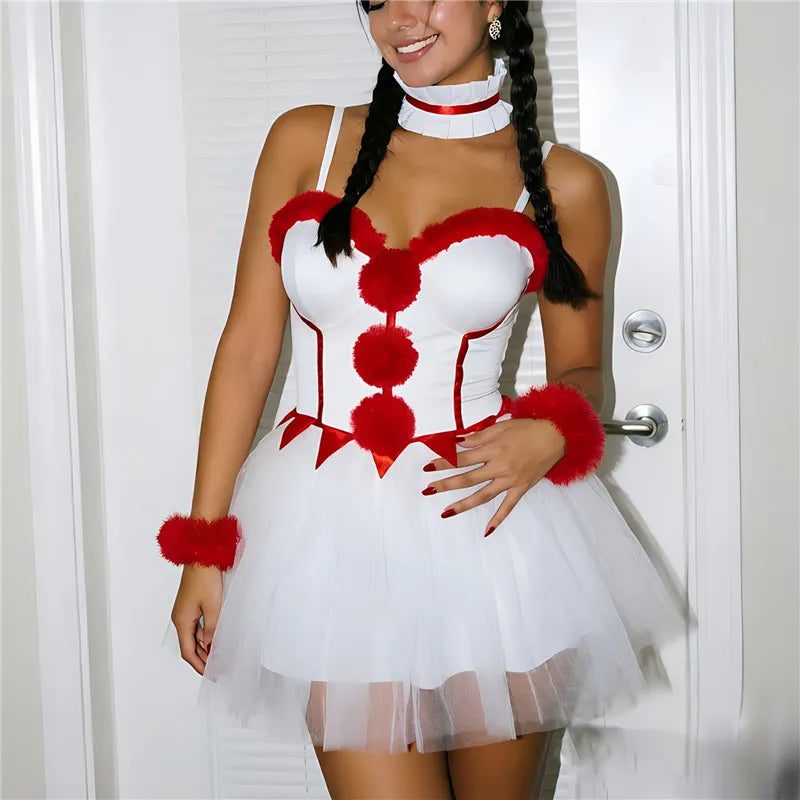 Women Halloween Clown Cosplay Costume Pom Pom Tulle Tutu Mini Dress With Choker Wrist Cuffs Carnival Party Fancy Outfit