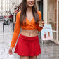 Y2K Women Velma Cosplay Costume Long Sleeve Wrap V Neck Crop Top High Waist Mini Skirt Party Two Piece Set