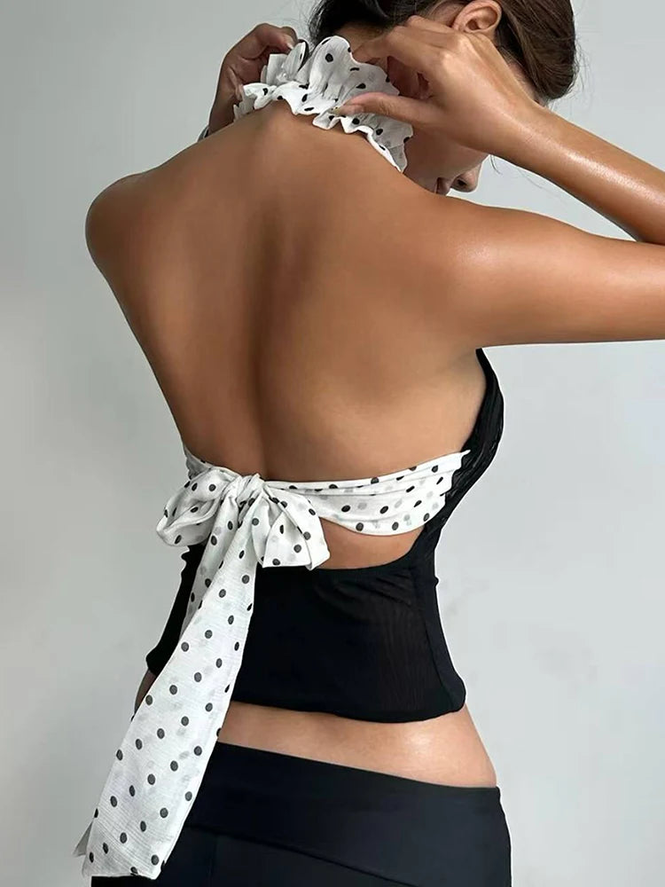 Sexy Mesh Halter Tank Top Women Patchwork Polka Dots Lace-Up Chest Wrapped Backless Street Stretch Skinny Clubwear