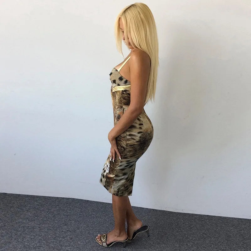 Vintage Animal-print Halter Neck Midi Dress Fashion 2026 Woman Party Night Club Sexy Bodycon Dresses