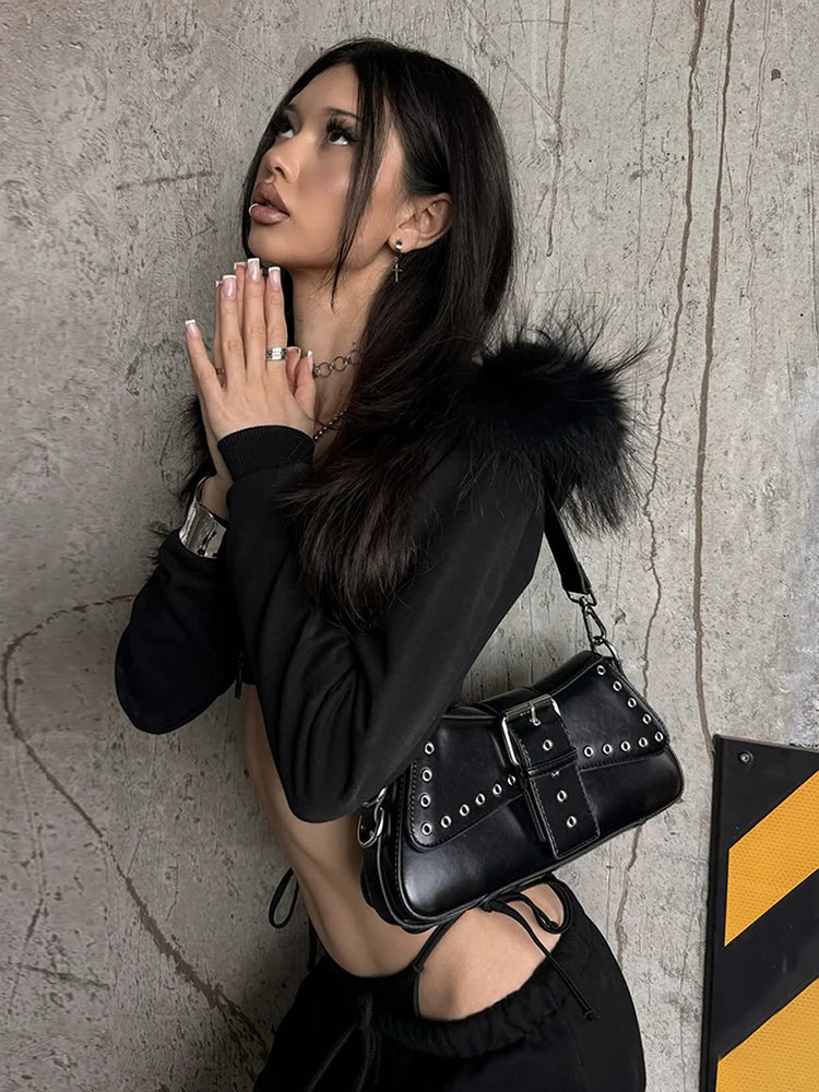 Patchwork Plush Hooded Crop Coats Women Zipper Full Sleeve High Street Sexy Hottie Autumn Trend Hip-Hop Style Sexy Jacket