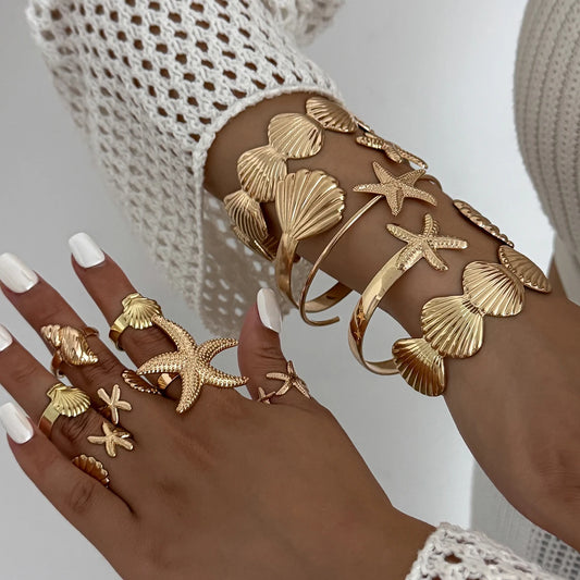 12Pcs/Set Punk Starfish Scallop Open Cuff Bangles Adjustable Rings for Women Boho  Armband Bracelets Summer Jewelry Set