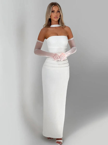 Mesh Sleeve Scarf Backless Split Maxi Dress Birthday Sexy Elegant Evening Gown Cocktail Party Dresses