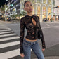 Sexy Sheer Black Floral Lace Crop Tops Front Clasp Closure Long Sleeve Woman's Shirts 2026 Fall Clothes
