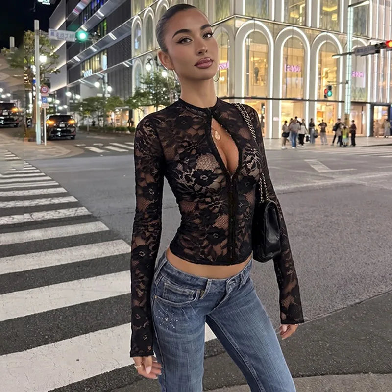 Sexy Sheer Black Floral Lace Crop Tops Front Clasp Closure Long Sleeve Woman's Shirts 2026 Fall Clothes