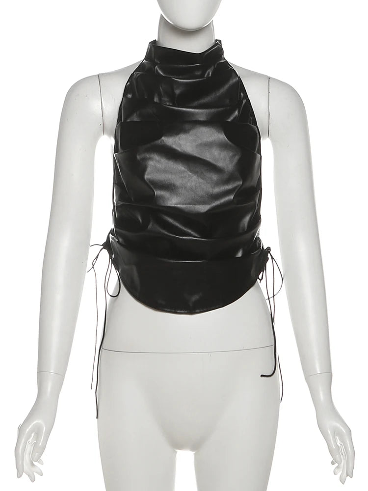 Folds PU Tank Tops Women Y2K Faux Leather Sleeveless Bandage Backless Halter Hip Hop Style Hottie Sexy Midnight Tops