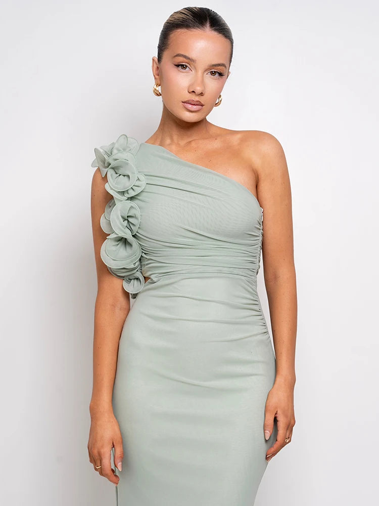 Shoulder Floral Mesh Ruched Sexy Maxi Dress For Women Gown Oblique Shoulder Sleeveless Backless Bodycon Long Dress