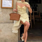 Ruched Elegant Sling Dress + Scarf Woman Polka Dot Print Low-Neck Backless Irregular Hem Street Y2K Style Mini Bodycon