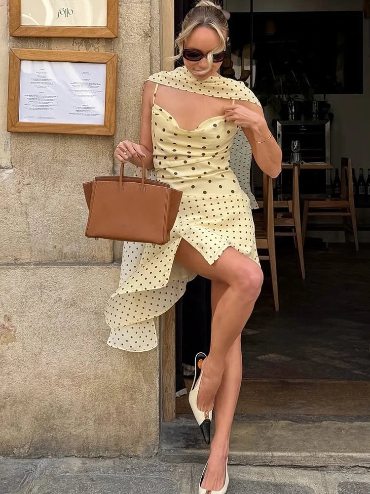Ruched Elegant Sling Dress + Scarf Woman Polka Dot Print Low-Neck Backless Irregular Hem Street Y2K Style Mini Bodycon