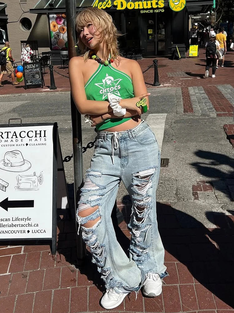 Sexy Halter Camisole Women Letter Star Print Lace-Up Backless Simple Wild Hottie Music Festival Slim Street Clubwear