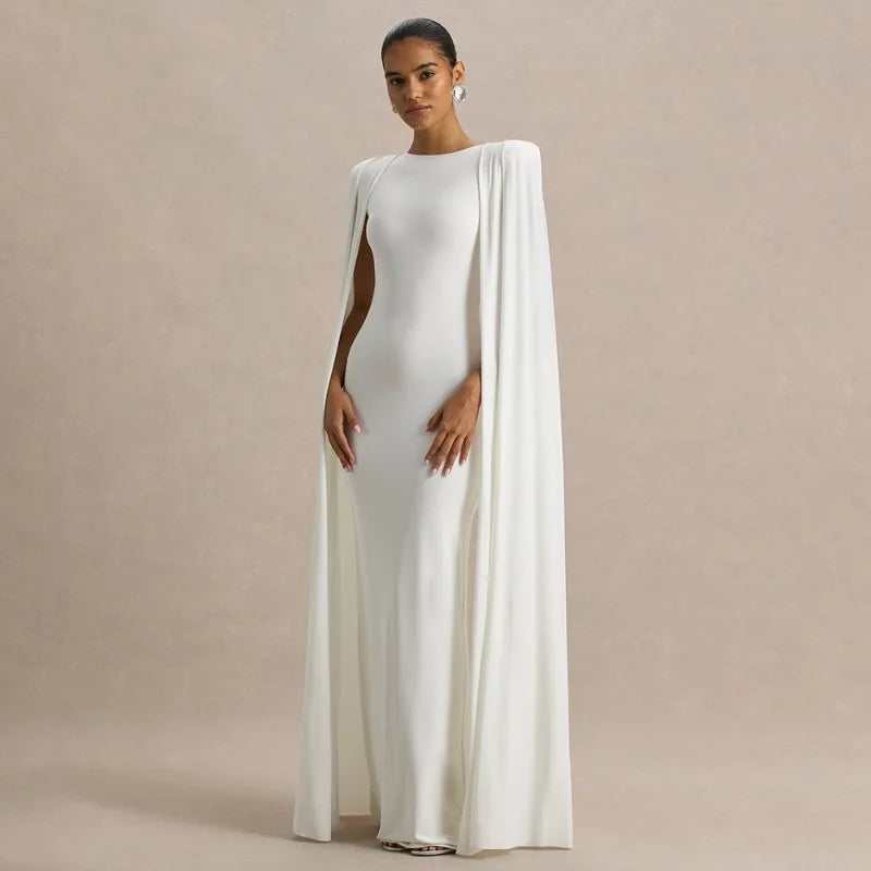 White Slashed-Neck Maxi Dress with Cape Sleeve Women's Winter Elegant Evening Party Dresses