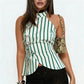 Women's Oriental Striped Halter Neck Top Chinese Knot Button Side Asymmetric Hem Backless Summer Casual Blouse