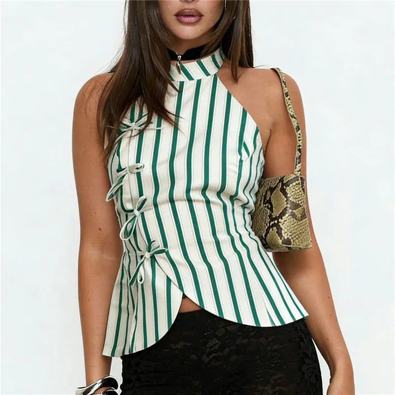 Women's Oriental Striped Halter Neck Top Chinese Knot Button Side Asymmetric Hem Backless Summer Casual Blouse