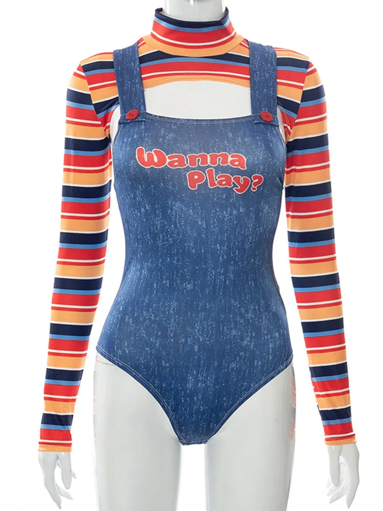 Halloween Costumes for Women Scary Nightmare Killer Doll Wanna Play Movie Character Bodysuit Chucky Doll Costume Set