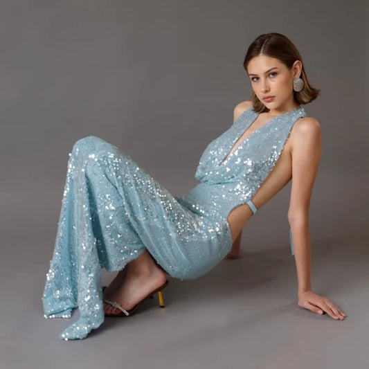 Blue Sequined Glitter Party Dresses for Woman Elegant Cowl Neck Open Back Long Wedding Guest Dress