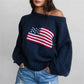 Off Shoulder American Flag Knit Sweater for Women Long Sleeve Oversized Fit Casual Streetwear Pullover for Fall Winter
