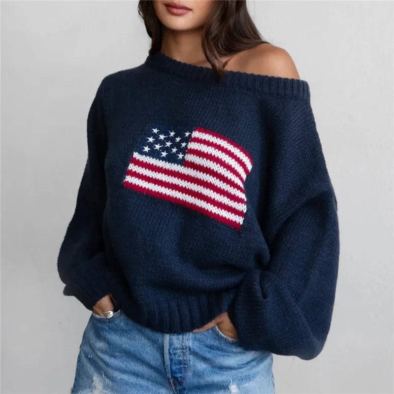 Off Shoulder American Flag Knit Sweater for Women Long Sleeve Oversized Fit Casual Streetwear Pullover for Fall Winter