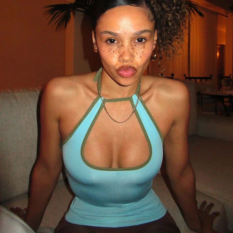 Y2k Tank Top Woman Hollow Out Backless Halter Neck Tie Up Tops Womens Clothing Cute Sexy Summer Camisole