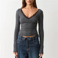 Lace Trim V Neck Wrap Long Sleeve Crop Top Women Slim Ruched Solid Color Basic Layering T Shirt Autumn Going Out Blouse
