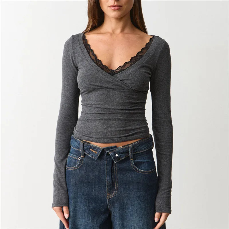 Lace Trim V Neck Wrap Long Sleeve Crop Top Women Slim Ruched Solid Color Basic Layering T Shirt Autumn Going Out Blouse