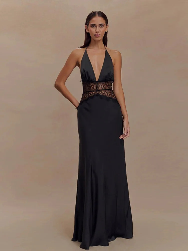 Elegant Lace Trim Satin White Maxi Dress Deep V Backless Long Gown Dresses for Ladies Sexy Birthday Outfits