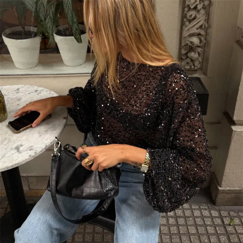 Y2K Glitter Sequins Mesh Sheer Long Sleeve Top Women Loose Bubble Cuff See Through Hollow Out Crop Blouse Summer Beach