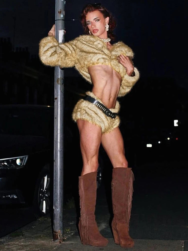 Plush 2-Piece Set Women Lapel Full Sleeve Crop Tops+Zipper Mini Shorts Sexy Winter Trend Midnight Street Wild Hottie Suit