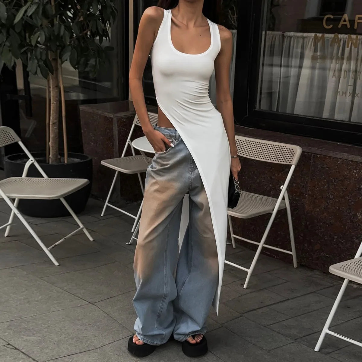 Sexy Sleeveless High Split Long Dresses Street Fashion Asymmetrical Summer Dress Women Red Black Vestidos