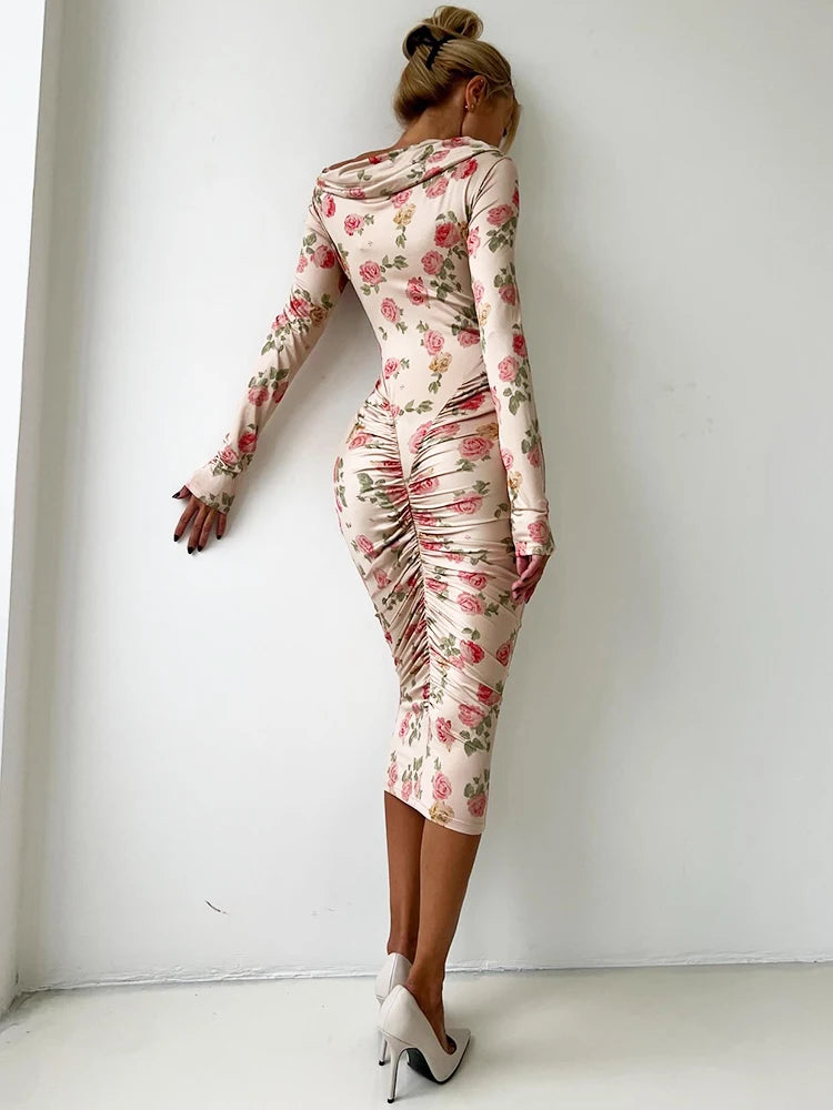 Diagonal Collar Long Sleeve Sexy Midi Dress Women Gown Elegant Backless Ruched Bodycon Club Party Long Dresses Female