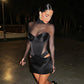 Transparent Mesh Patchwork Black Sexy Dresses for Party Club Wear Turtleneck Long Sleeve Cut Out Mini Dress