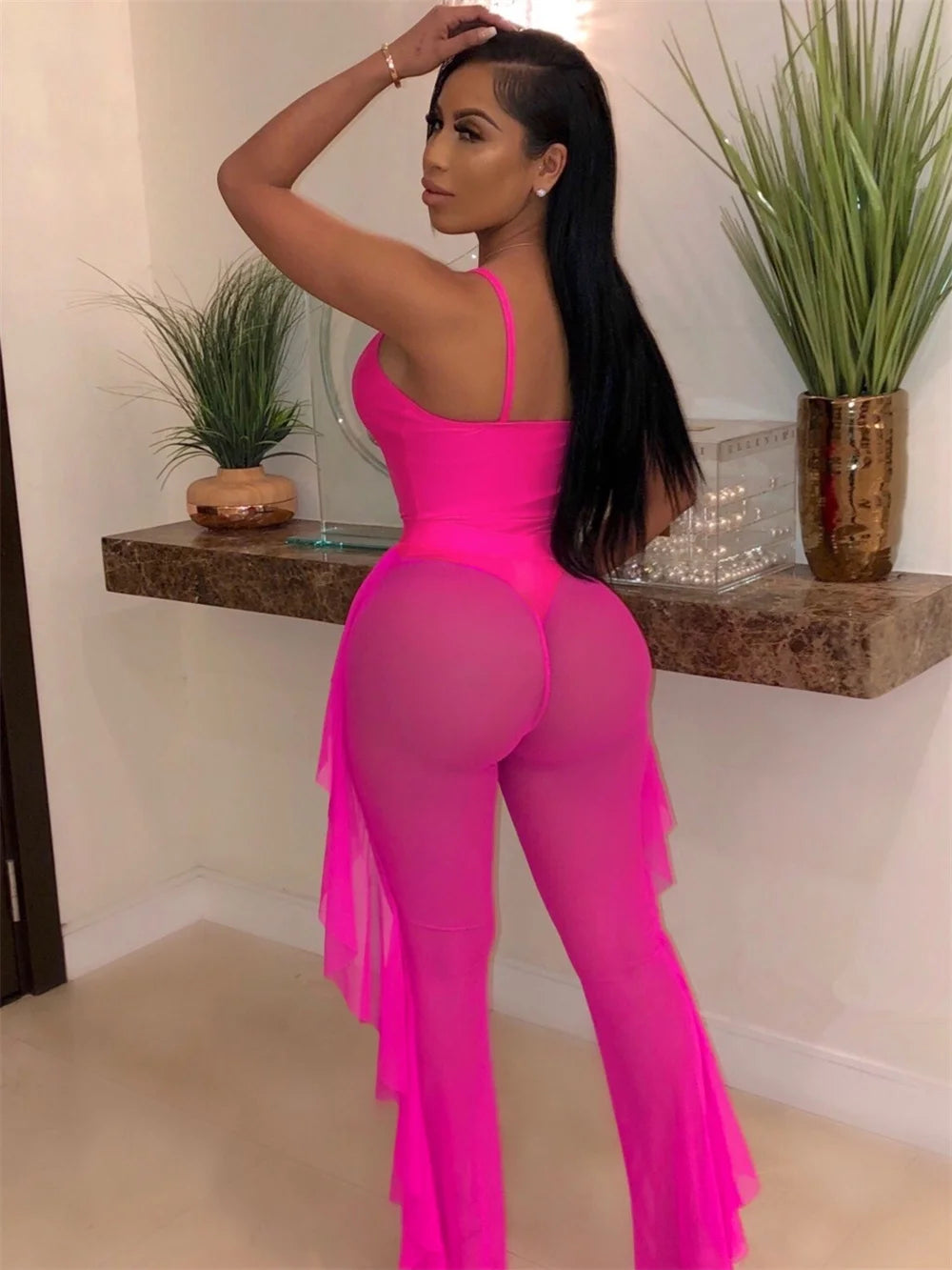 Summer 2 Piece Set Women Sexy Hollow See Through Bodysuit Top+Ruffles Pants Vacation Beach Matching Clubwear Outfits