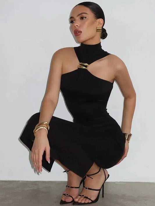 Turtleneck Off-shoulder Sexy Maxi Dress Women Gown Summer New Ring Metal Sleeveless Backless Skinny Knit Long Dress