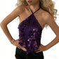Women Sequin Halter Top Solid Color Backless Tie Up Crop Top Handkerchief Hem Sparkly Club Party Summer Cami Blouse