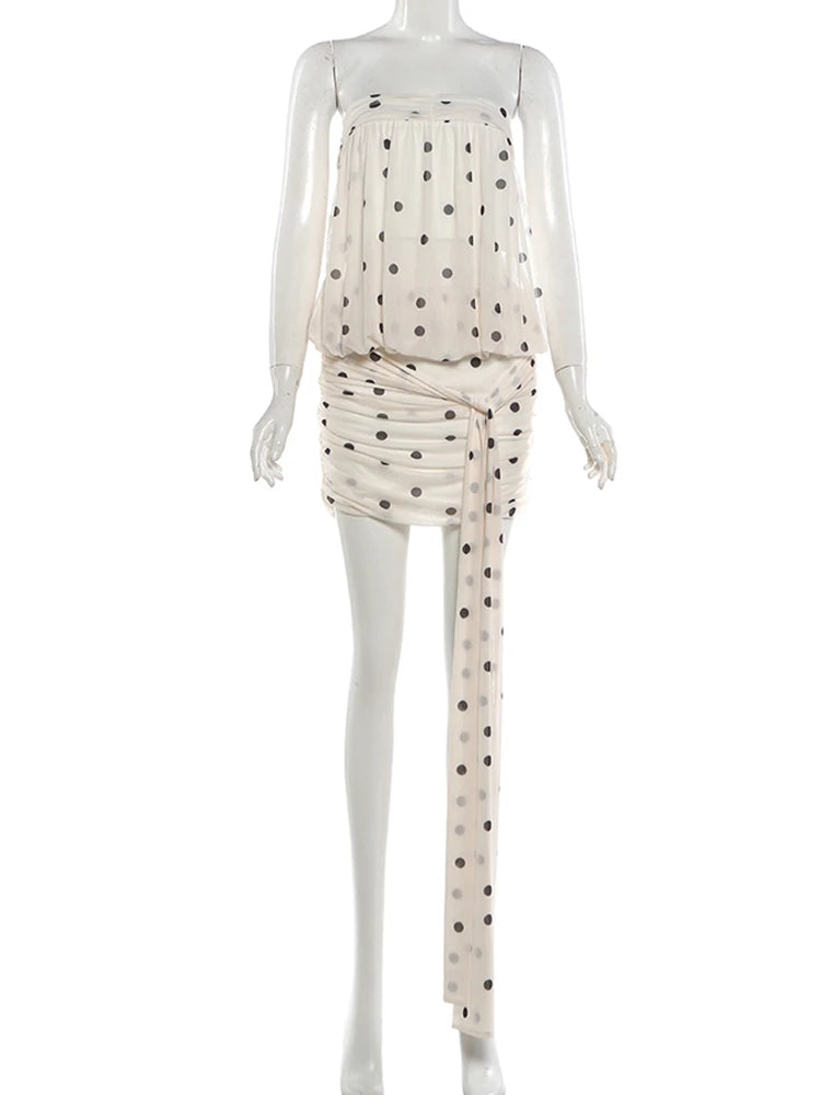 Chest Wrap Dress Women Birthday Party Polka Dot Print Tassel Folds Mesh Fashion Elegant Summer Trend Sweet Mini Bodycon