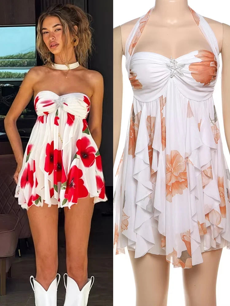 Metal Starfish Dress Women Chest Wrap Low-Neck Halter Backless Irregular Ruffles Hem Sleeveless Vacation Mini Bodycon