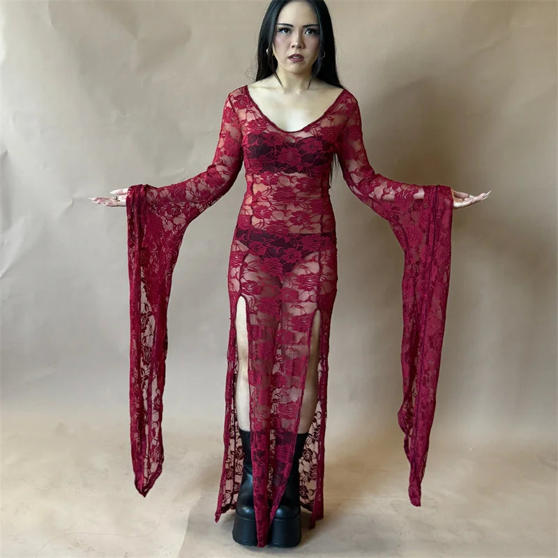 Women Halloween Floral Lace Sheer See Through Long Dress V Neck Flare Long Sleeve High Split Bodycon A-line Dresses
