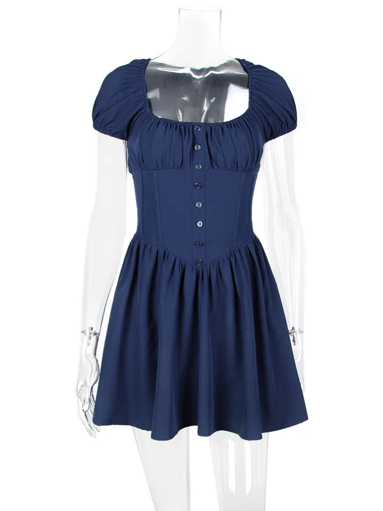 Square Collar Pleated Mini Dress For Women Navy Blue Fashion Short Sleeve Backless A-line Club Party Sexy Dress Elegant