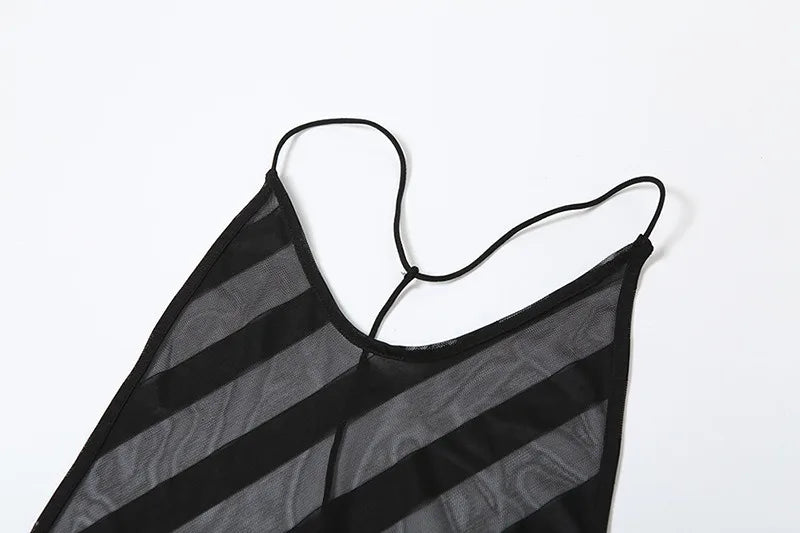 See Through Striped Mesh Dress White Black Open Back Long Maxi Summer Dresses for Woman Beach Vacation Outfit