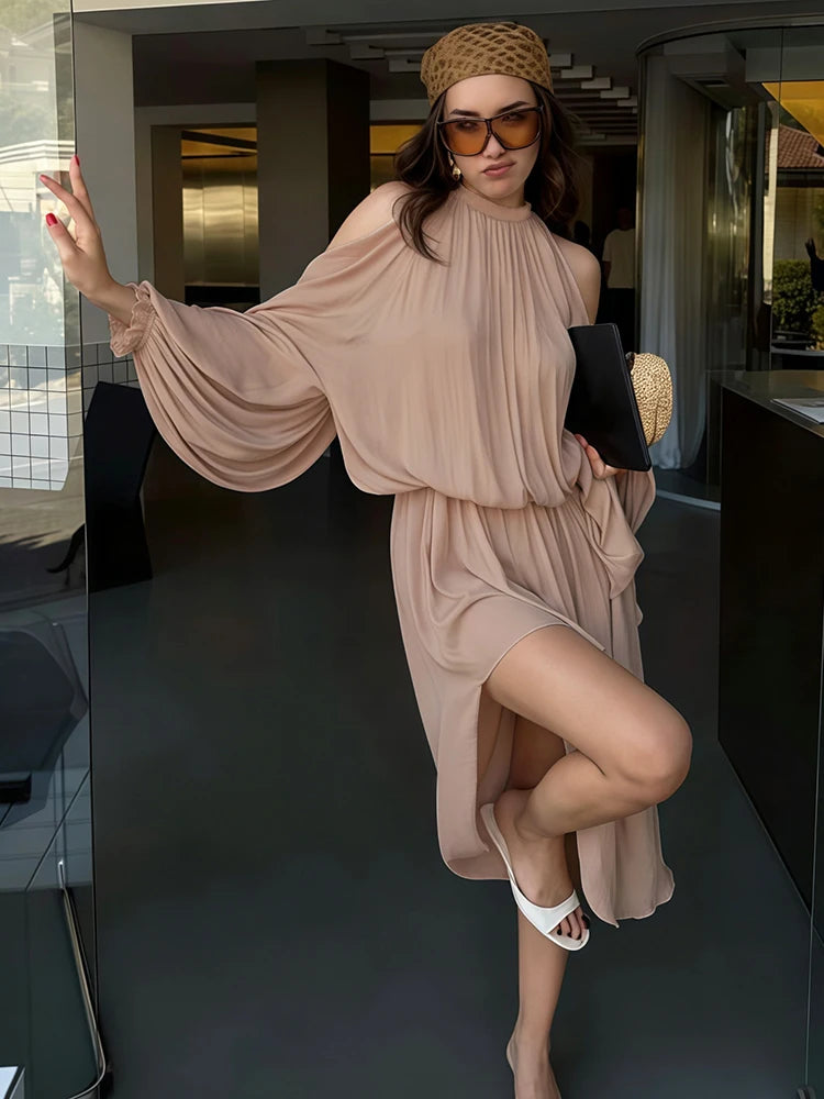 Sexy Off-Shoulder Hollow Dress Women Fashion Turtleneck Ruched Full Sleeve Irregular Hem Elegant Party Club Outfits