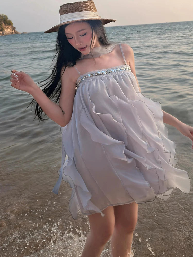 Sequin Dress Women Ruffles Tassel Glitter Sweet Birthday Beach Party Sleeveless Vacation Summer Fashion Mini Bodycon
