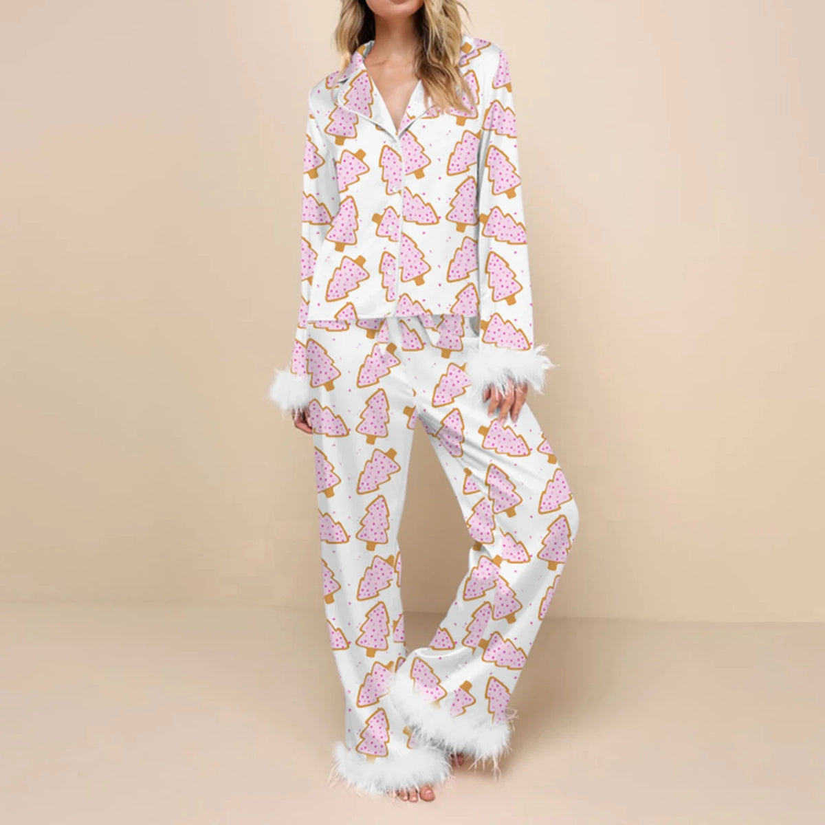 Christmas Pajamas for Women Feather Trim Button Down Long Sleeve Top and Pants Pj Set Soft Sleepwear Loungewear