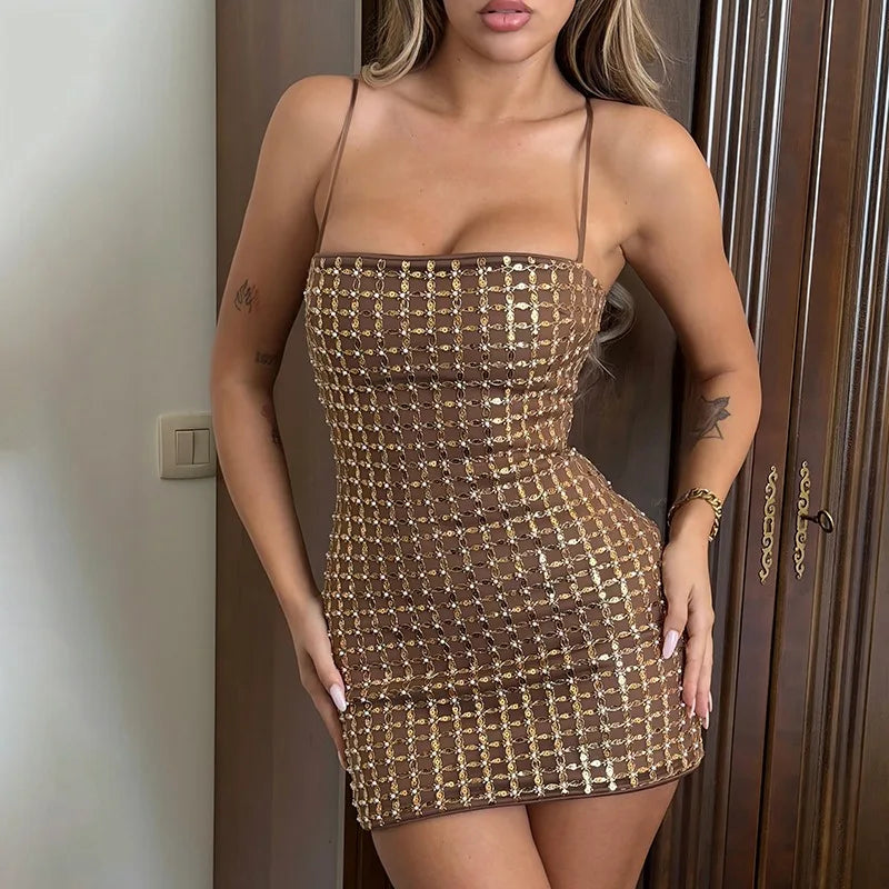 Sequin Lattice Embellish Mini Bodycon Dress Sexy Woman Clothing Night Out Club Dresses