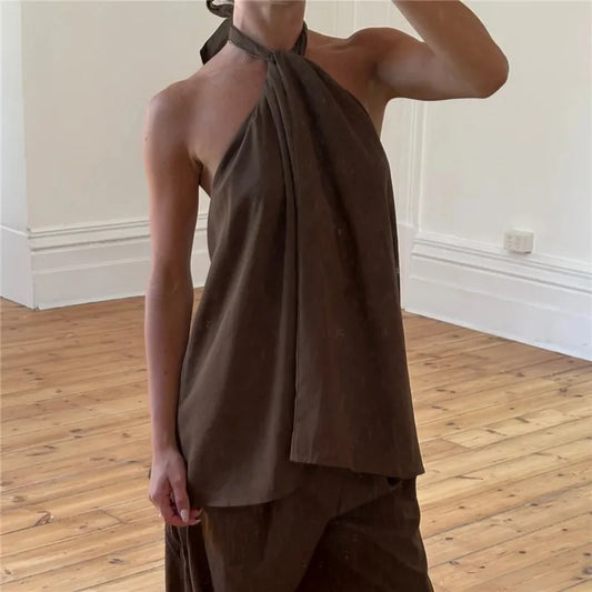 Women Tie-up Halter Tops Loose Solid Color Sleeveless Open Back Ruffled Shirts Stylish Summer Y2k Vintage Streetwear