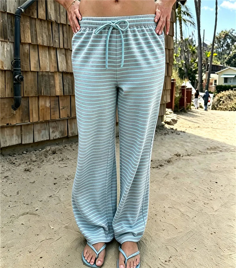 Women Ruffle Drawstring Elastic Waist Striped Wide Leg Pants Soft Loose Lightweight Beach Casual Daily Wear Trousers