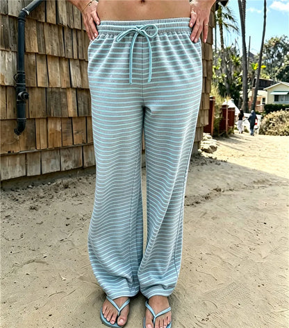 Women Ruffle Drawstring Elastic Waist Striped Wide Leg Pants Soft Loose Lightweight Beach Casual Daily Wear Trousers