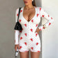Women Sexy Bodysuit Pajama Heart Print Deep V-Neck Long Sleeve Shorts Jumpsuit Y2k Button Front Rompers Overall