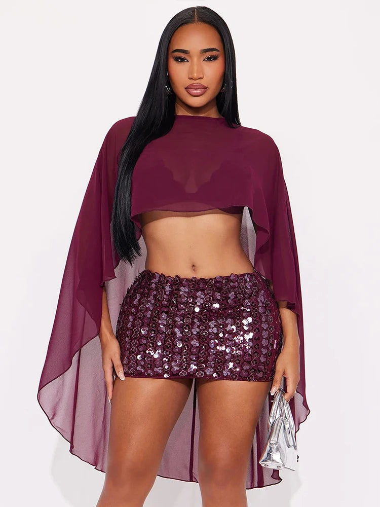 Hottie Mesh See Through Shawl Top Woman Skew Collar Batwing Sleeve Irregular Navel Exposed Design Sexy Fashion Clothing