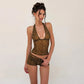 Leopard Print Mesh Sheer 2 Piece Sets Halter Top and Low-rise Shorts Matching Sets Sexy Womens Outfit