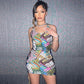 Y2k Streetwear Graffiti Print Bodycon Dresses Sexy Clothes for Ladies Club Outfits Hollow Backless Mini Dress