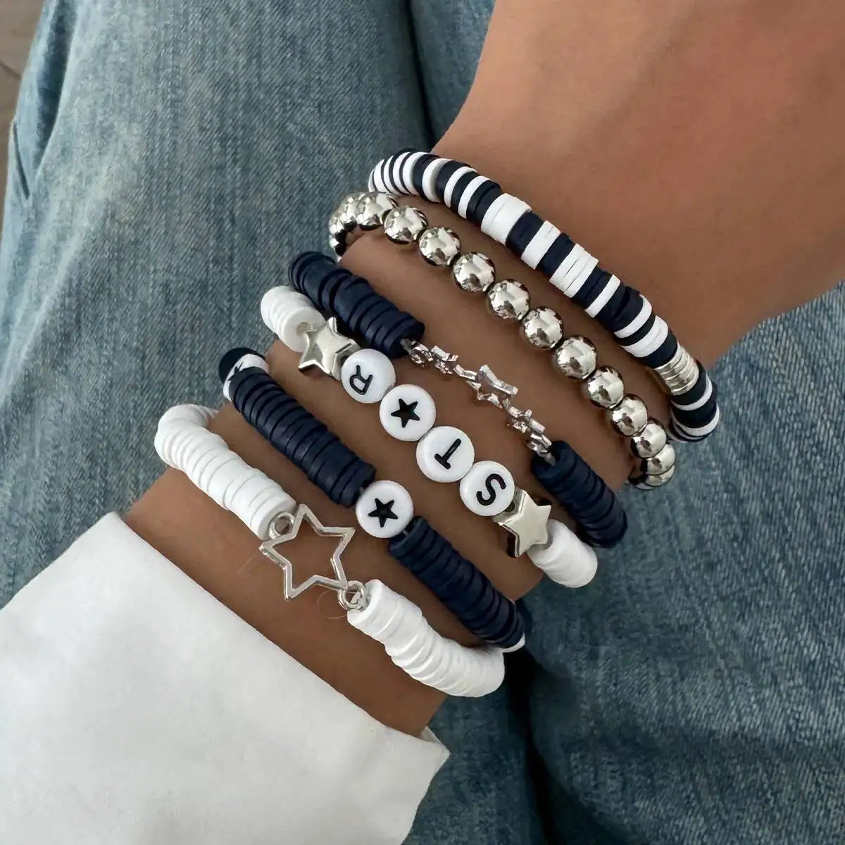 6Pcs Trend Creative Black White Soft Ceramic Acrylic Bead Bracelet Set Versatile Letter Bracelet on Hand Accessory Jewelry